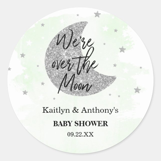 Pegatina Redonda Sobre la luna | Baby Shower neutral (Anverso)