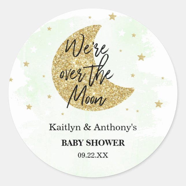 Pegatina Redonda Sobre la luna | Baby Shower neutral (Anverso)