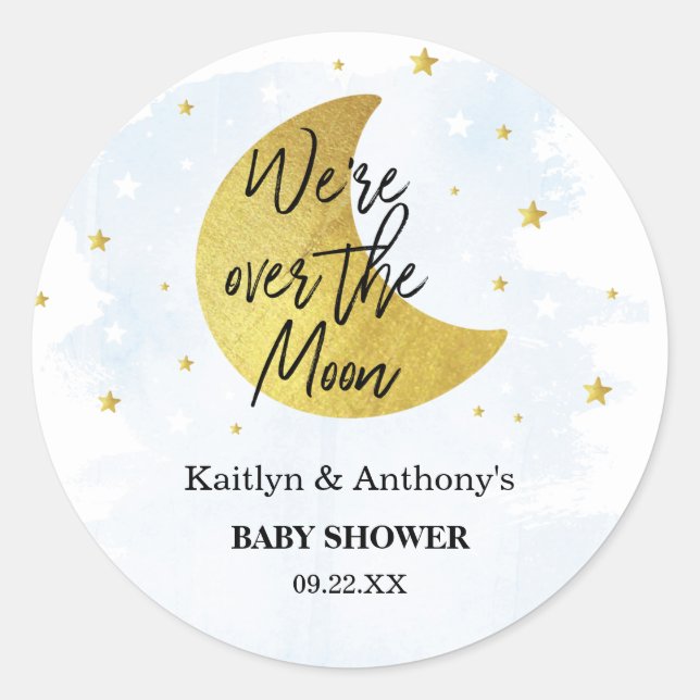 Pegatina Redonda Sobre la luna | Boys Baby Shower (Anverso)