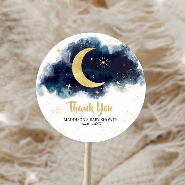Pegatina Redonda Sobre la luna de oro estrellas azul Baby Shower (Over the Moon Gold Stars Blue Baby Shower Sticker)