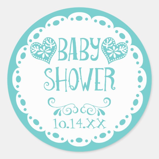 Pegatina Redonda Sobre Papel Picado Baby Shower Aqua Blue Fiesta (Anverso)