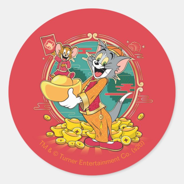 Pegatina Redonda Sobre rojo de Tom y Jerry New Years (Anverso)