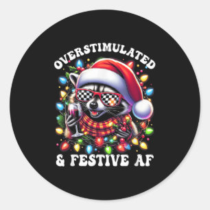 Pegatina Redonda Sobrestimulado Y Festivo Af Mapache Feral Luces