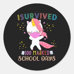 Pegatina Redonda Sobreviví a 100 días de escuela enmascarados dabbi