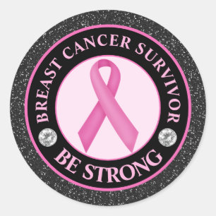 Pegatina Redonda Sobreviviente de cáncer de mama – Lazo rosa con br