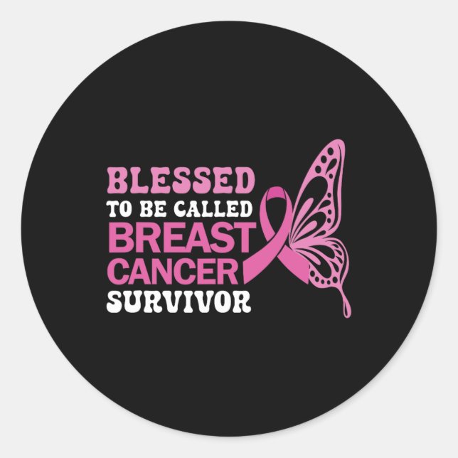 Pegatina Redonda Sobreviviente de cáncer de mama Mariposa de cinta  (Anverso)