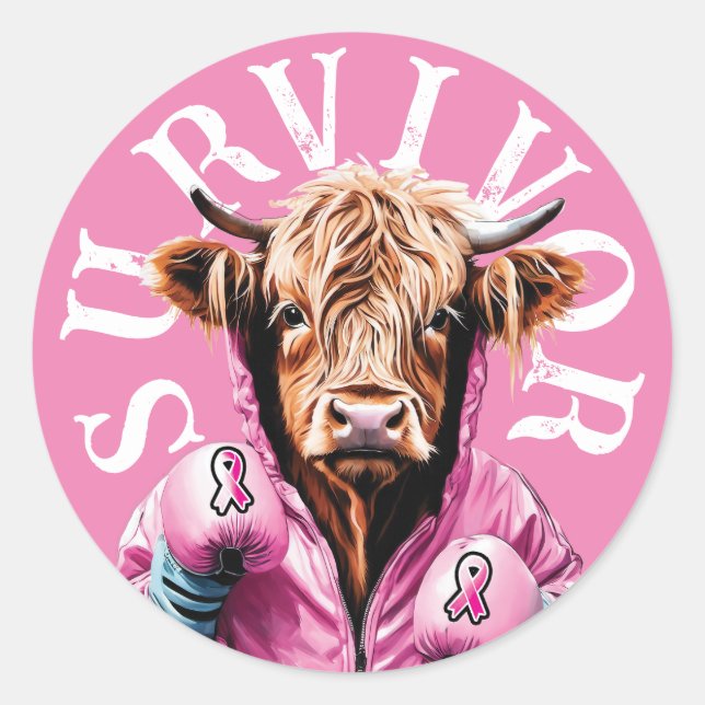 Pegatina Redonda Sobreviviente de cáncer de mama Vaca rosa (Anverso)