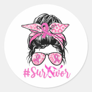 Pegatina Redonda Sobreviviente Messy Bun Cinta rosada Leopardo pech