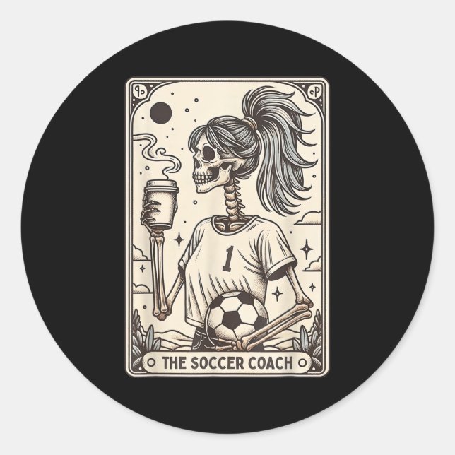 Pegatina Redonda Soccer Coach Tarot Card Halloween Skeleton Soccer  (Anverso)