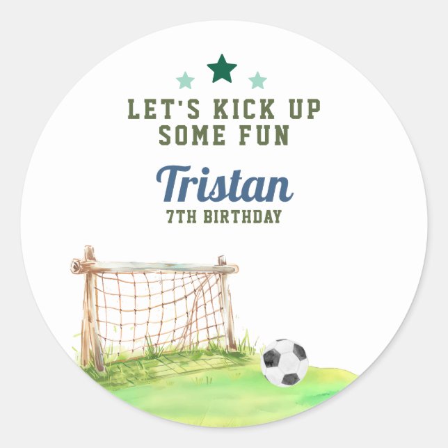Pegatina Redonda Soccer “Let’s Kick Up Some Fun” Any Age Birthday (Anverso)