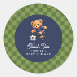 Pegatina Redonda Soccer Teddy Bear Checkboard Retro Baby Shower