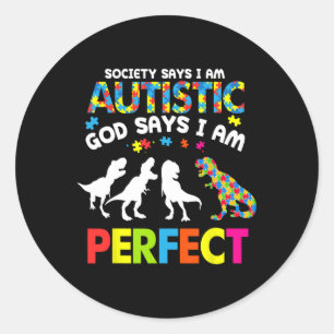 Pegatina Redonda Sociedad de autismo de dinosaurio dice Dios autist