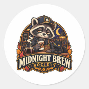 Pegatina Redonda Sociedad de Café Mapache Vintage Midnight Brew Ret