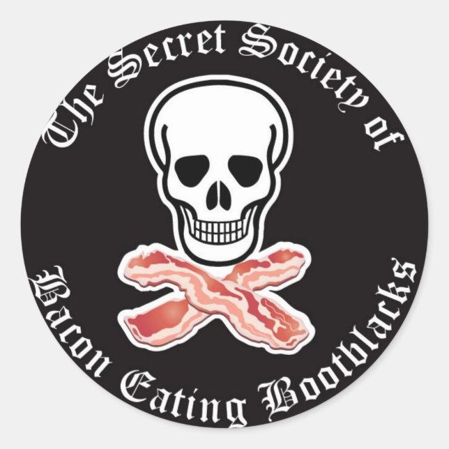 Pegatina Redonda Sociedad Secreta de Bacon comiendo Bootblack Pegat (Anverso)