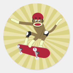 Pegatina Redonda Sock Monkey Skateboarder