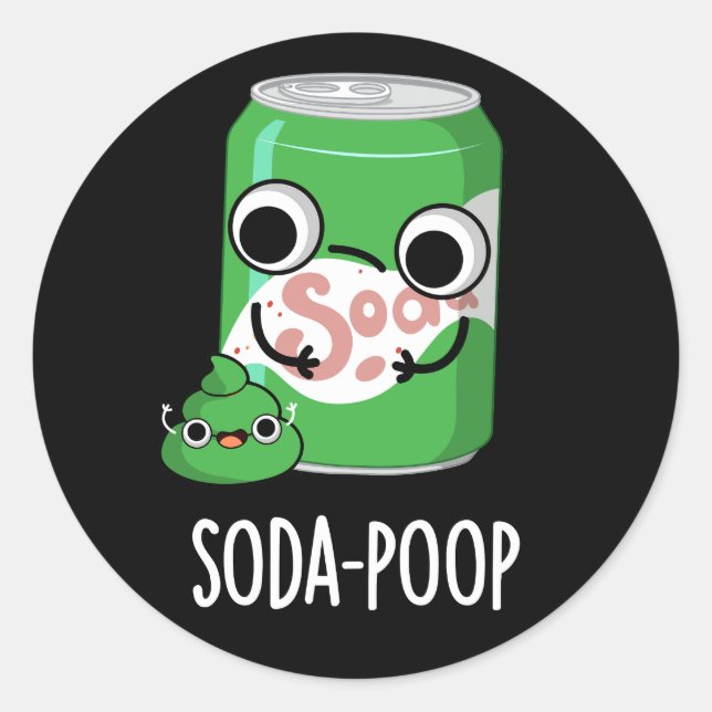 Pegatina Redonda Soda Poop Funny Bebe Pun Dark BG (Anverso)