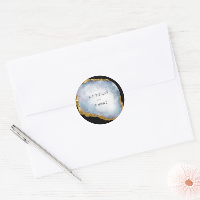 Pegatina Redonda Sofisticado Boda en Monograma de Pearl Golden Agat (Sobre)