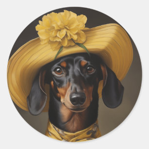 Pegatina Redonda Sofisticado Dachshund en amarillo