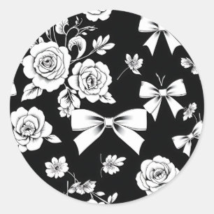 Pegatina Redonda Sofisticado floral blanco y negro y arenoso
