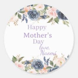 Pegatina Redonda soft blue and blush floral Mother's day sticker