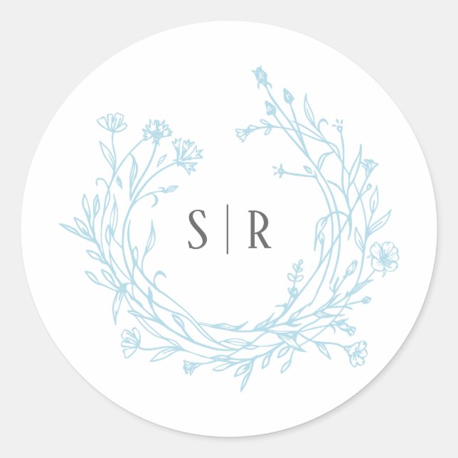Pegatina Redonda Soft Blue Boho Floral Monogram Custom Wedding (Anverso)