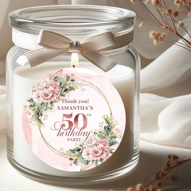 Pegatina Redonda Soft Blush Rose Gold Botanical 50th Birthday Label (Soft Blush Rose Gold Botanical 50th Birthday Stickers)