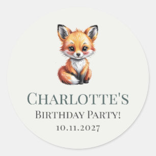 Pegatina Redonda Soft Boho Green Woodland Fox Birday con nombre