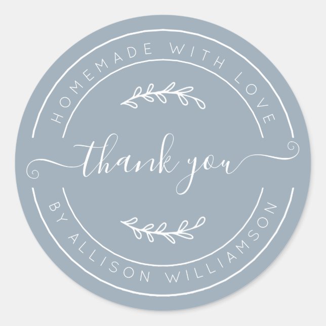 Pegatina Redonda Soft Dusty Blue Homemade Thank You Label (Anverso)