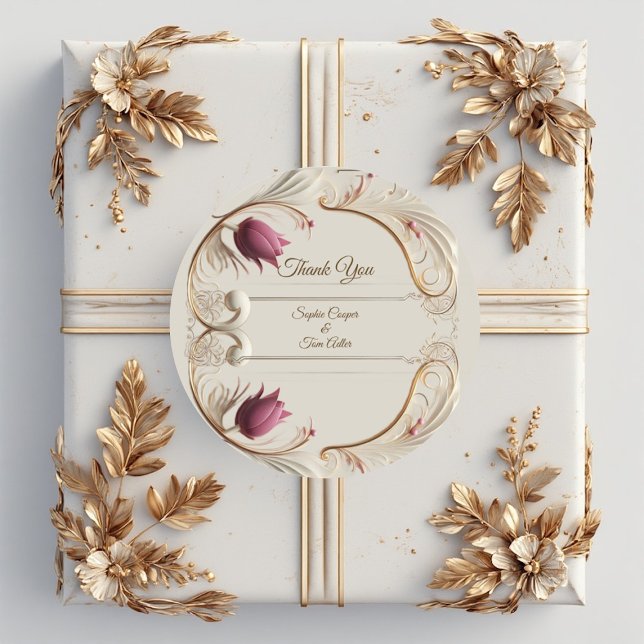 Pegatina Redonda Soft Gold Baroque Grandeur with Tulip Floral Swirl (Soft Gold Baroque Grandeur with Tulip Floral Swirl Classic Round Sticker)