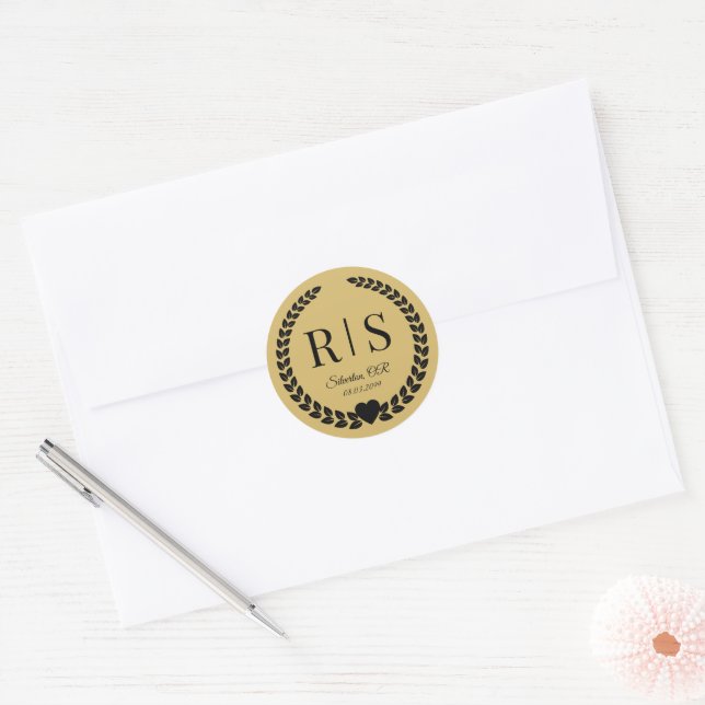 Pegatina Redonda Soft Gold Wedding Monogram Initials (Sobre)
