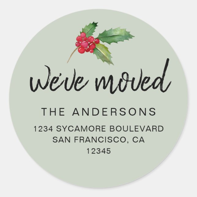 Pegatina Redonda Soft Green Holly We’ve Moved Address (Anverso)