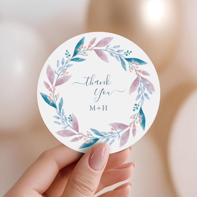 Pegatina Redonda Soft Pastel Greenery Wreath Wedding Thank You (Subido por el creador)
