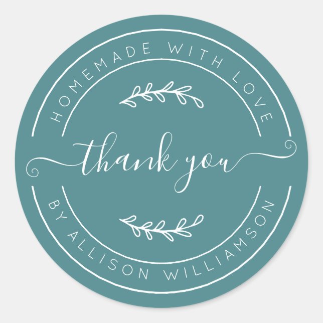 Pegatina Redonda Soft Teal Homemade Thank You Label (Anverso)