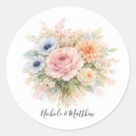 Pegatina Redonda Soft Watercolor Floral Wedding