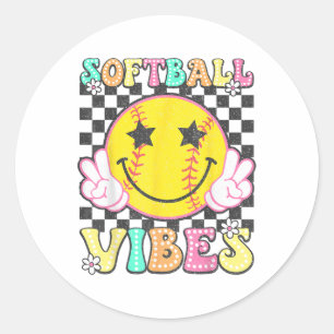 Pegatina Redonda Softball Vibes Softball Retro Groovy Game Day Chic