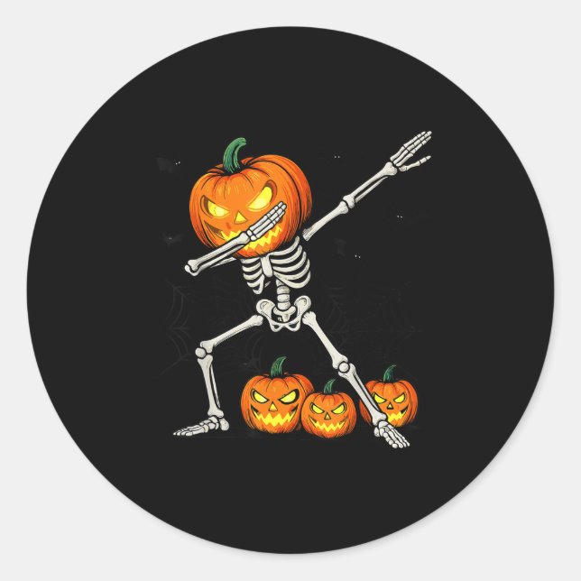 Pegatina Redonda Soky Dabbing Pumpkin Head Skeleton Halloween Skele (Anverso)