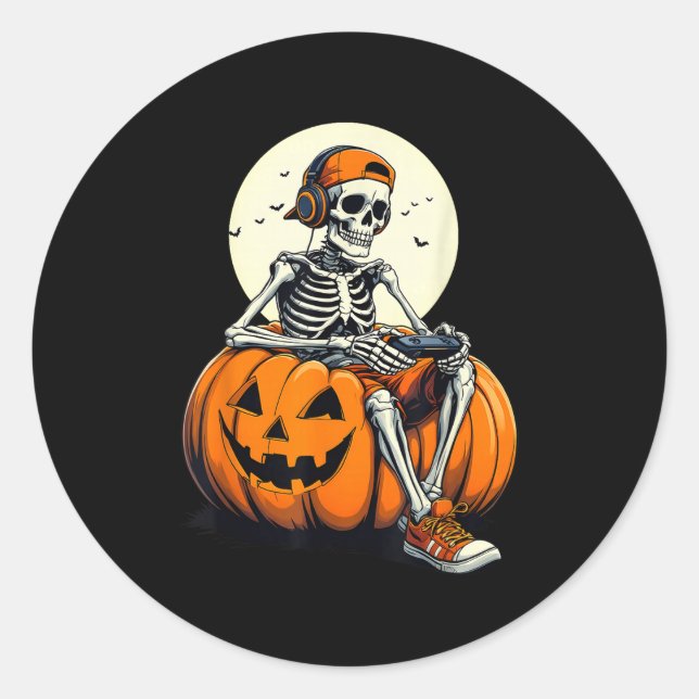 Pegatina Redonda Soky Pumpkin &amp; Skeleton Gamer Tee _ Boys &amp; (Anverso)