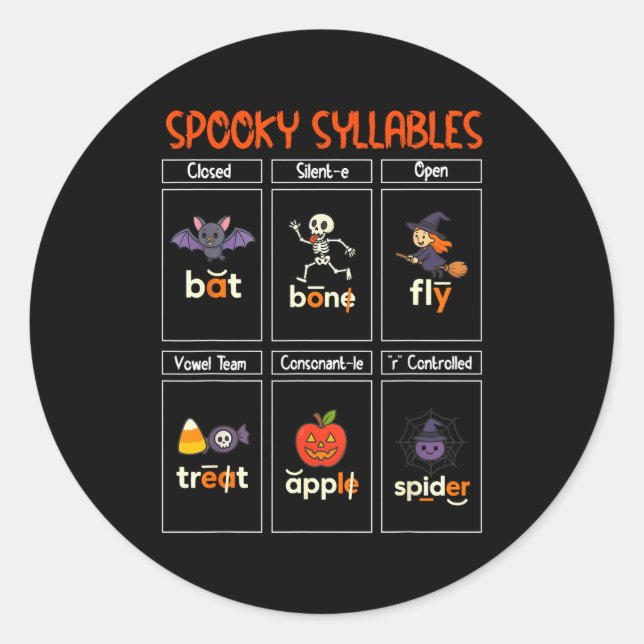 Pegatina Redonda Soky Syllables Halloween Teacher Educational Phoni (Anverso)