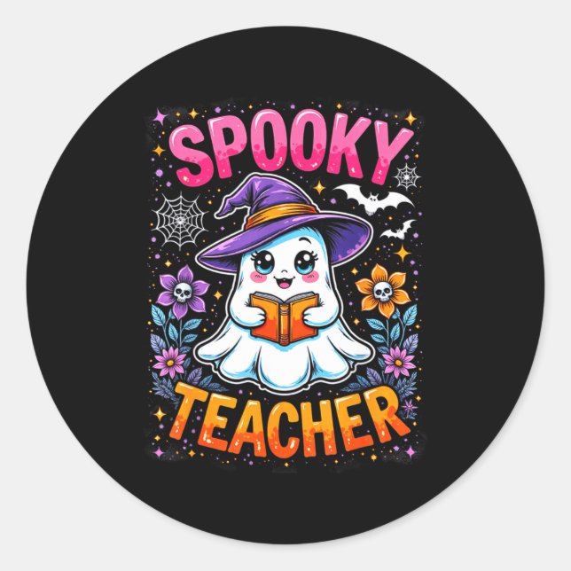 Pegatina Redonda Soky Teacher Cute Ghost Reading Book Funny Hallo  (Anverso)
