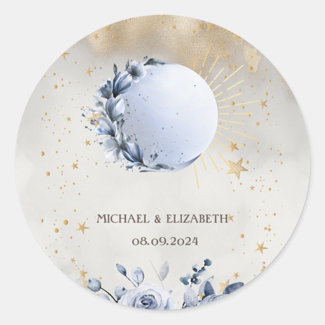 Pegatina Redonda Sol celeste, flores de luna azul, cielo nocturno d (Anverso)
