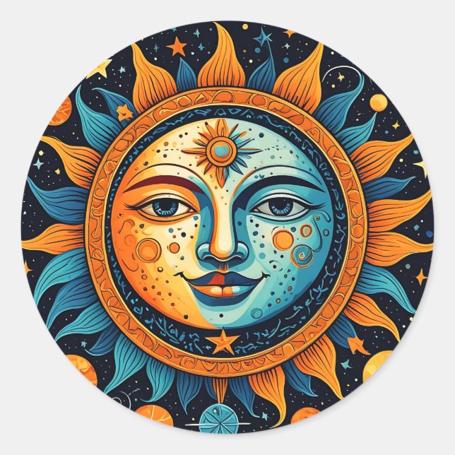 Pegatina Redonda Sol Celestial Y Luna (Anverso)