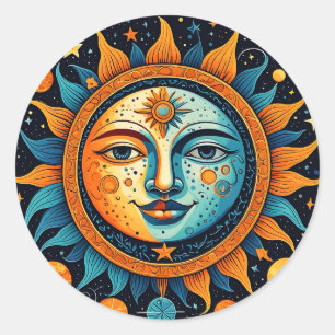 Pegatina Redonda Sol Celestial Y Luna