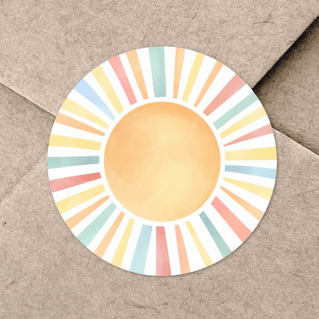 Pegatina Redonda Sol Colorido Acuarela Sol (Sunshine Colorful Watercolor Sun Classic Round Sticker)