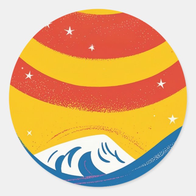 Pegatina Redonda Sol, estrellas y olas (Anverso)