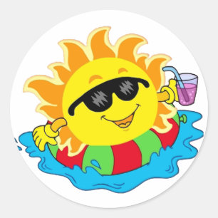 Pegatina Redonda Sol feliz en la piscina