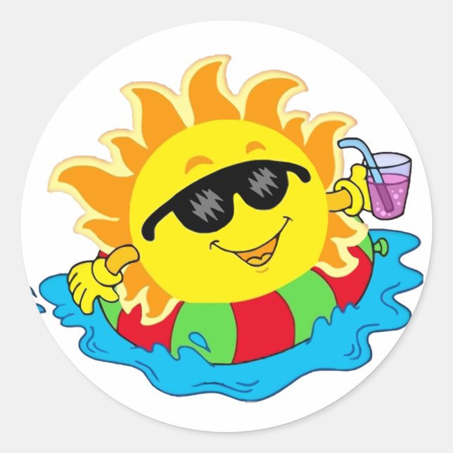 Pegatina Redonda Sol feliz en la piscina (Anverso)