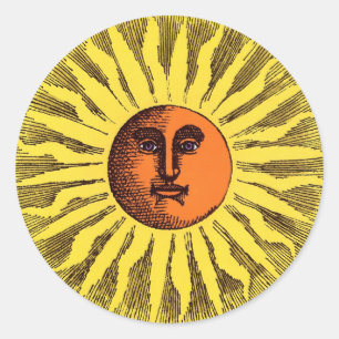Pegatina Redonda Sol Hippie Feliz Sonriente Amarillo Celestial Vint