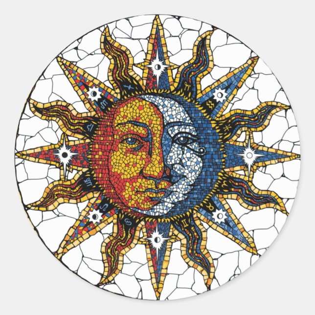 Pegatina Redonda Sol mosaico celeste y COSTERA lunar (Anverso)