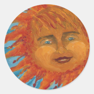 Pegatina Redonda Sol Naranja Positivo Sonriente De Pintura Acrílica