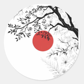 Pegatina Redonda Sol Rojo Japonés y Arte de Rama de Pincel